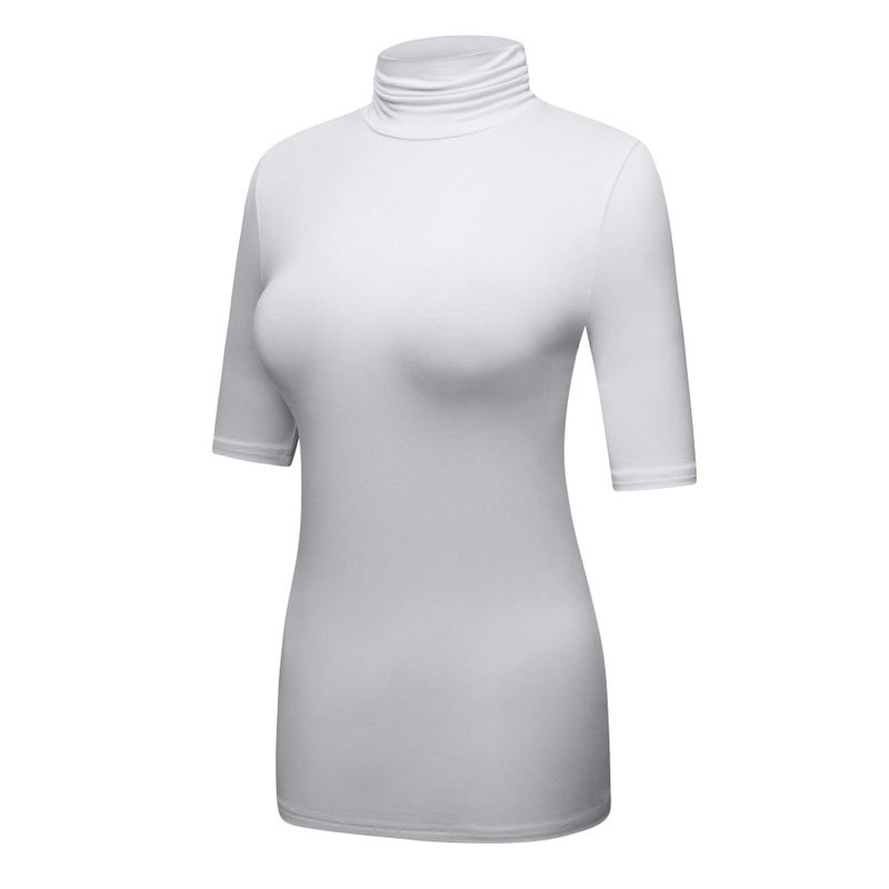 OThread & Co. Women's Half Sleeve Turtleneck T-Shirt Basic Stretch Layer Comfy High Neck Top (Small, White) - Image 2